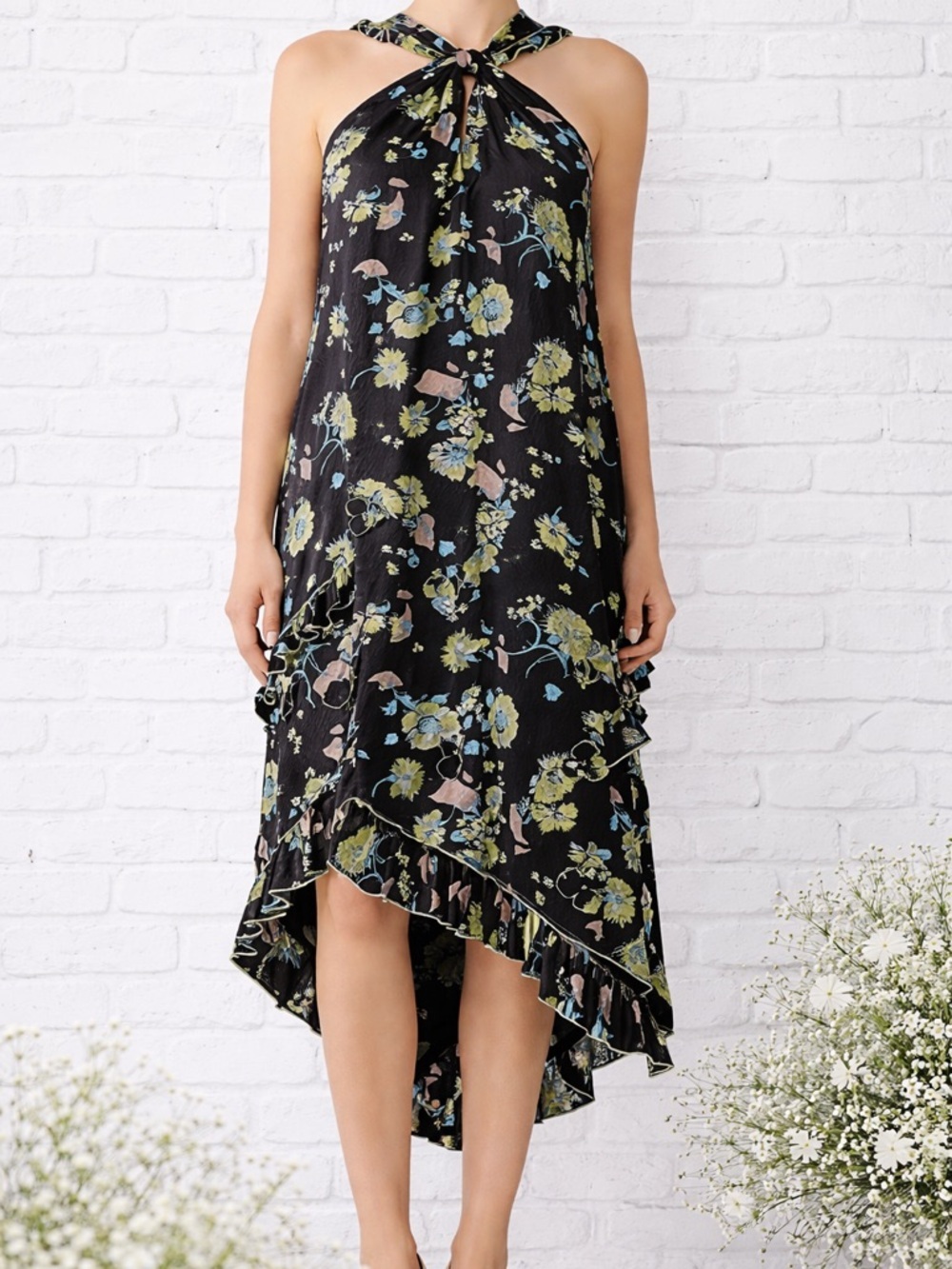 10 Crosby Derek Lam Black Floral Print Asymmetrical Halter Midi Dress Size 4